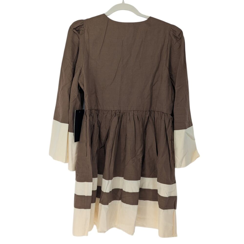 Tuckernuck Izzie Mocha Cream Stripe Linen Cotton Mini Dress Puff Sleeve NWT M - Picture 4 of 5